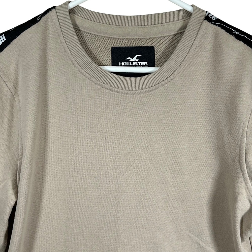 Hollister Mens XS Crewneck Sweatshirt Tan Beige Logo Tape Sleeve Fleece Pullover